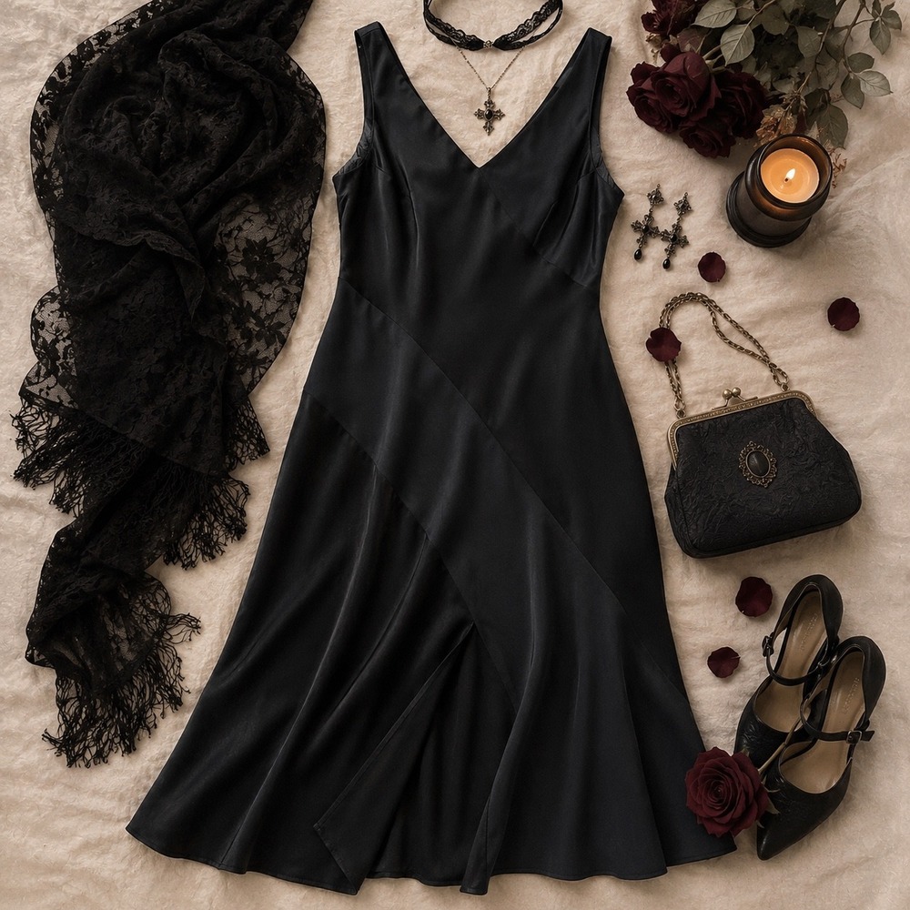 JONES NEW YORK Satin Bias Cut Midi Dress 6 Black LBD Minimalist Cocktail Wedding